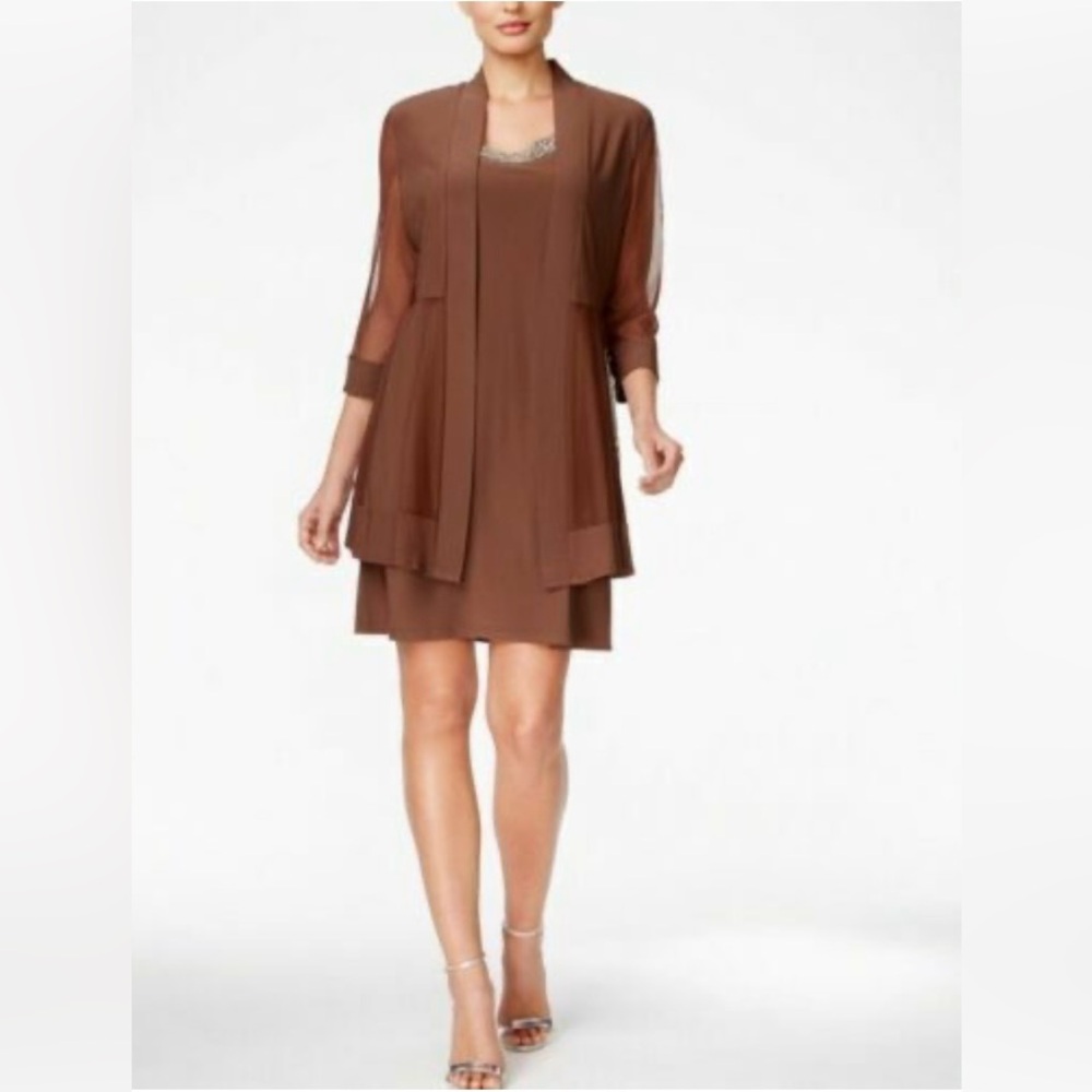 R & M Richards Embellished Women’s Dress & 3/4-Sleeve Jacket Brown